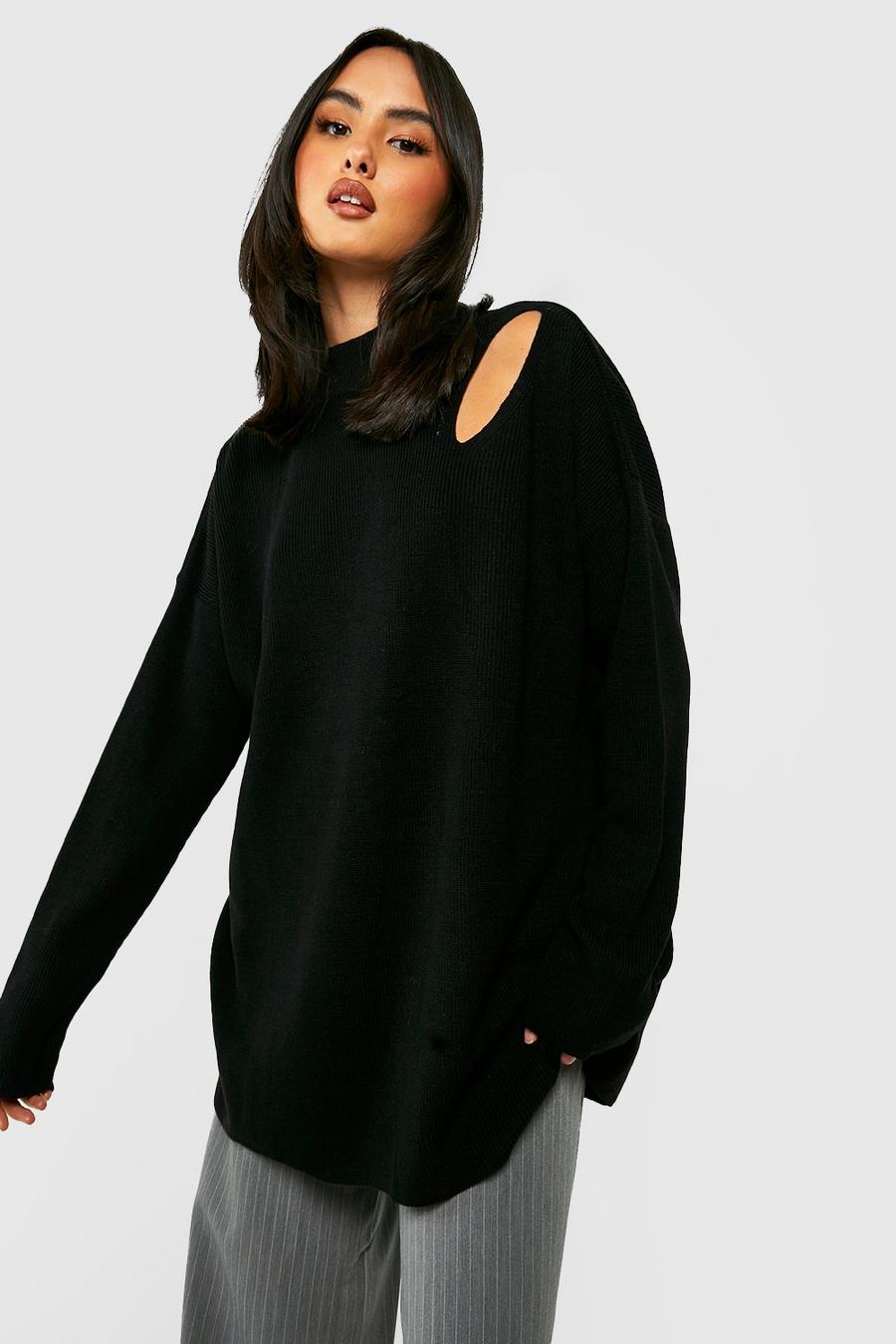Black Asymmetric Cut Out Knitted Jumper image number 1
