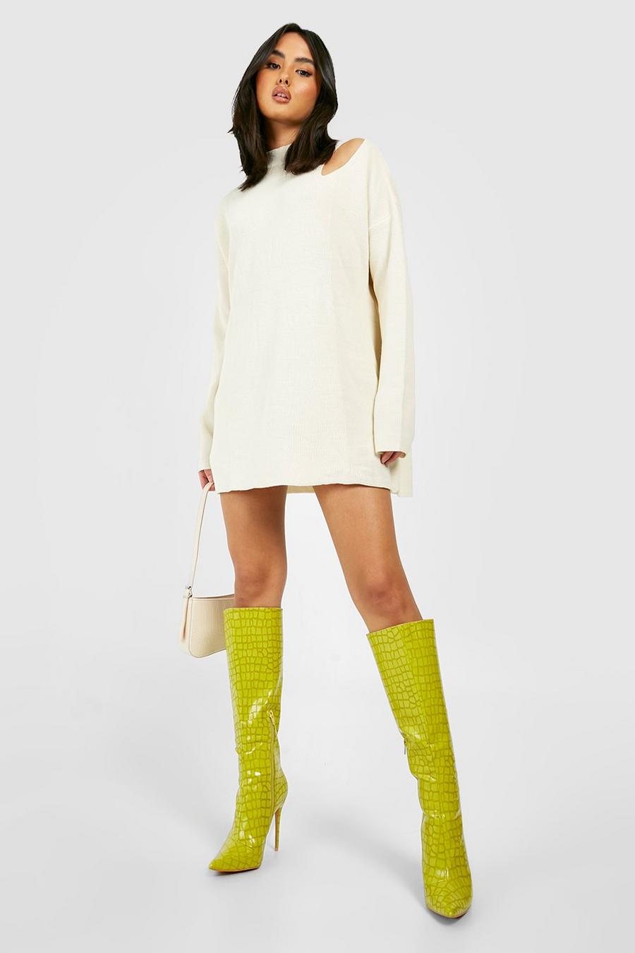 Cream Asymmetric Cut Out Knitted Sweater image number 1