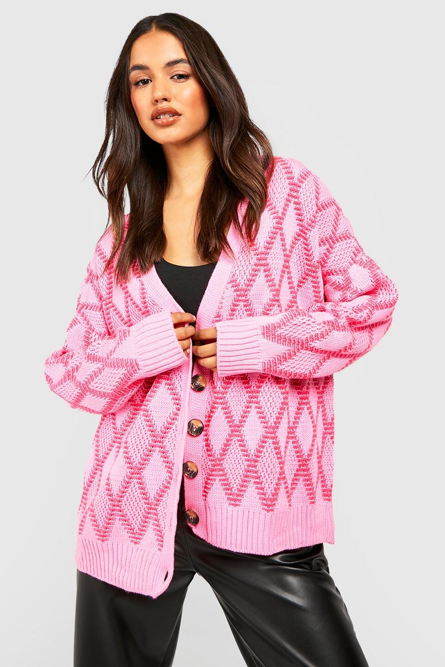 Pink Diamond Print Knitted Button Through Cardigan