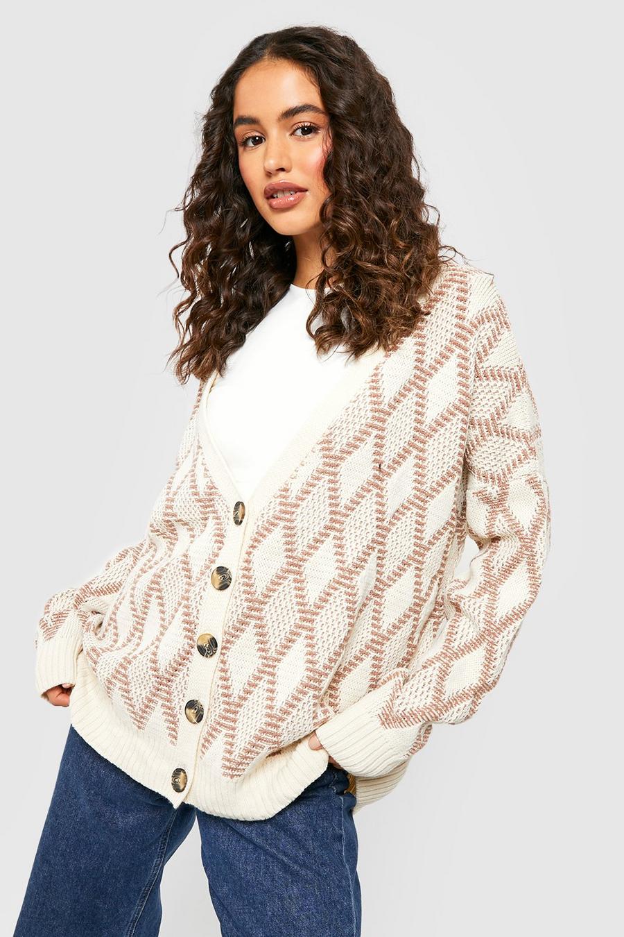 Stone beige Diamond Print Knitted Button Through Cardigan image number 1