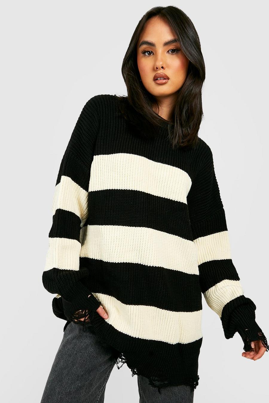 Black Knitted Distressed Crew Neck Jumper