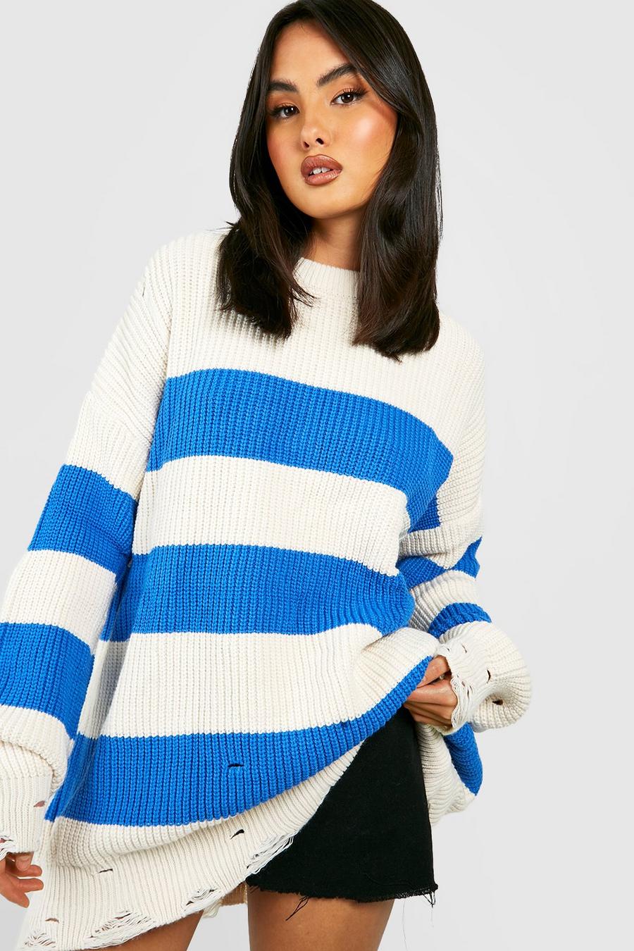 Blue Knitted Distressed Crew Neck Sweater