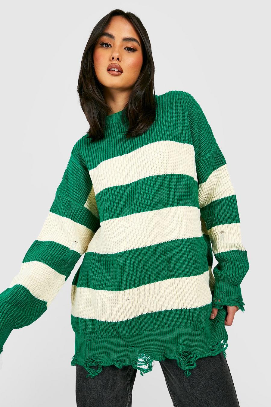 Green Knitted Distressed Crew Neck Sweater image number 1