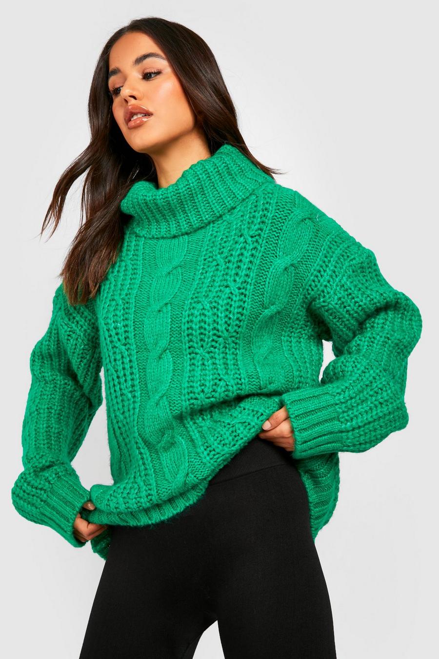 Green Roll Neck Cable Knitted Jumper image number 1