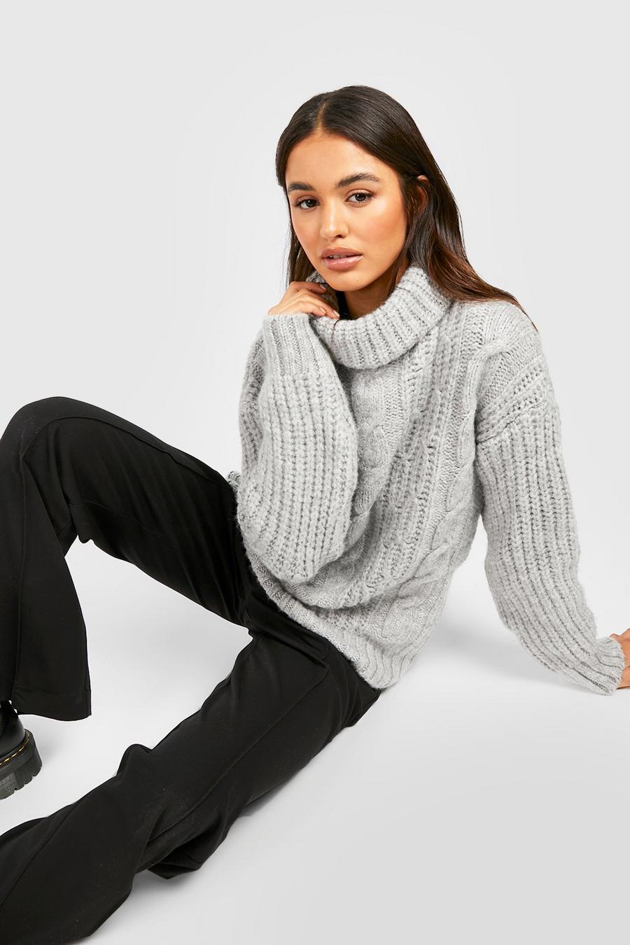 Grey Roll Neck Cable Knitted Jumper image number 1