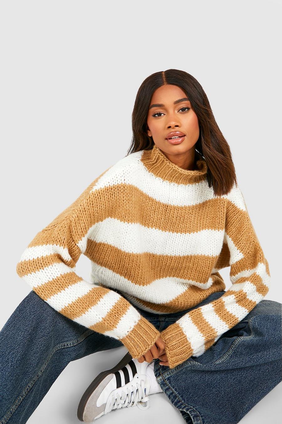 Beige High Neck Stripe Sweater image number 1
