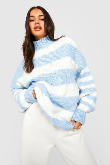 High Neck Stripe Sweater blue
