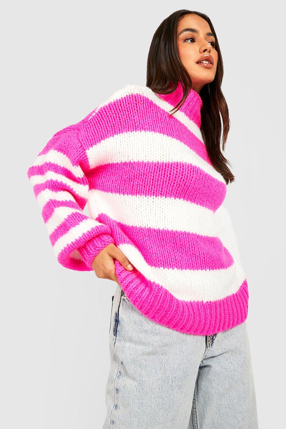 Women's Pink High Neck Stripe Jumper