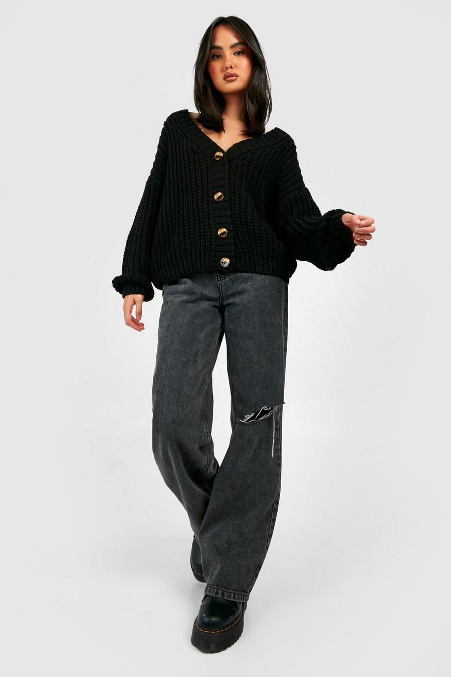 Black Chunky Knit Button Front Cardigan image number 1