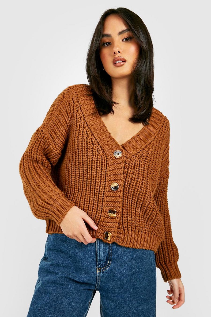 Rust orange Chunky Knit Button Front Cardigan image number 1