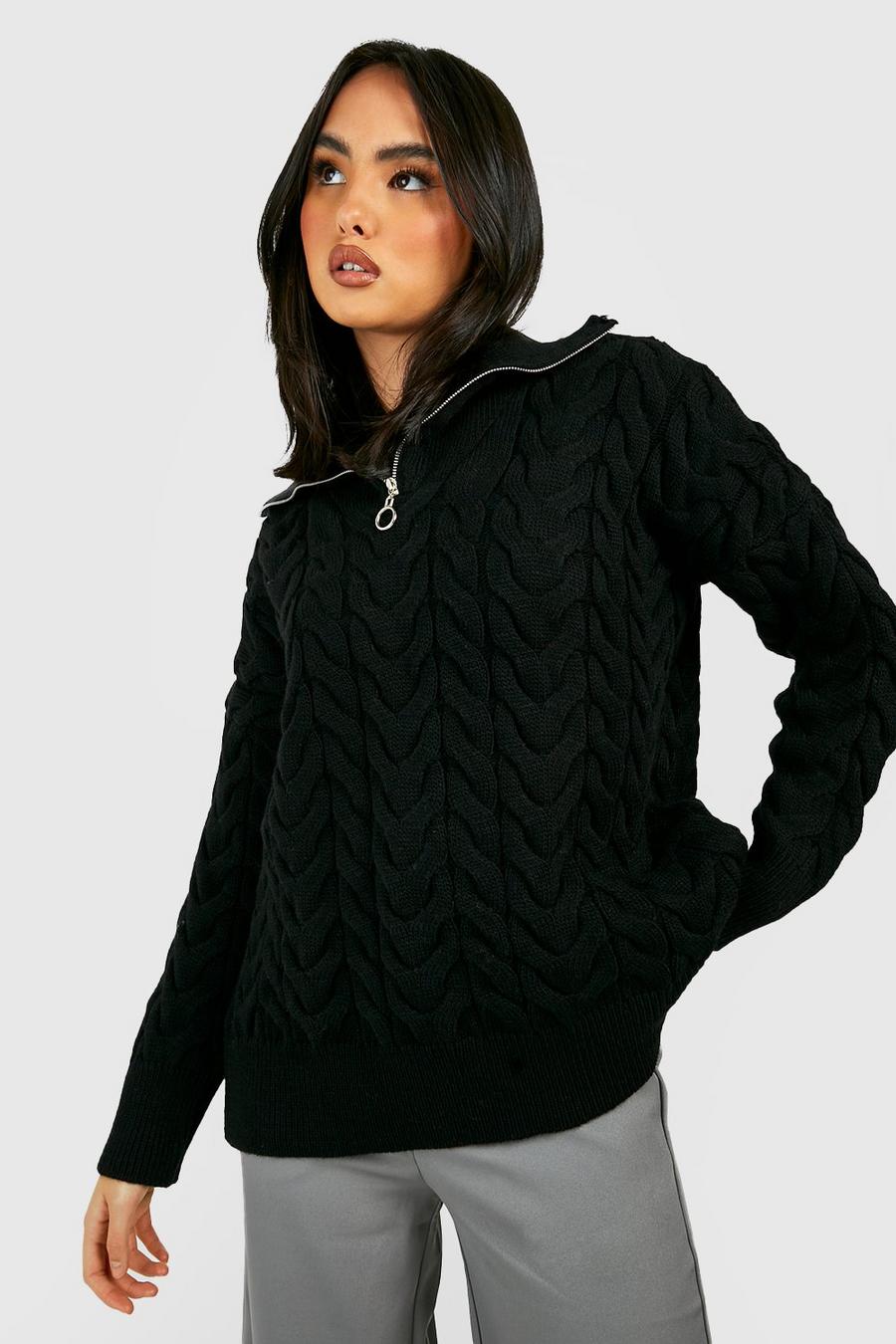 Black Cable Detail Half Zip Knitted Sweater image number 1