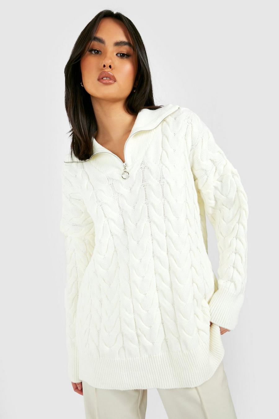 Pullover in maglia con zip corta e dettagli intrecciati, Ivory image number 1
