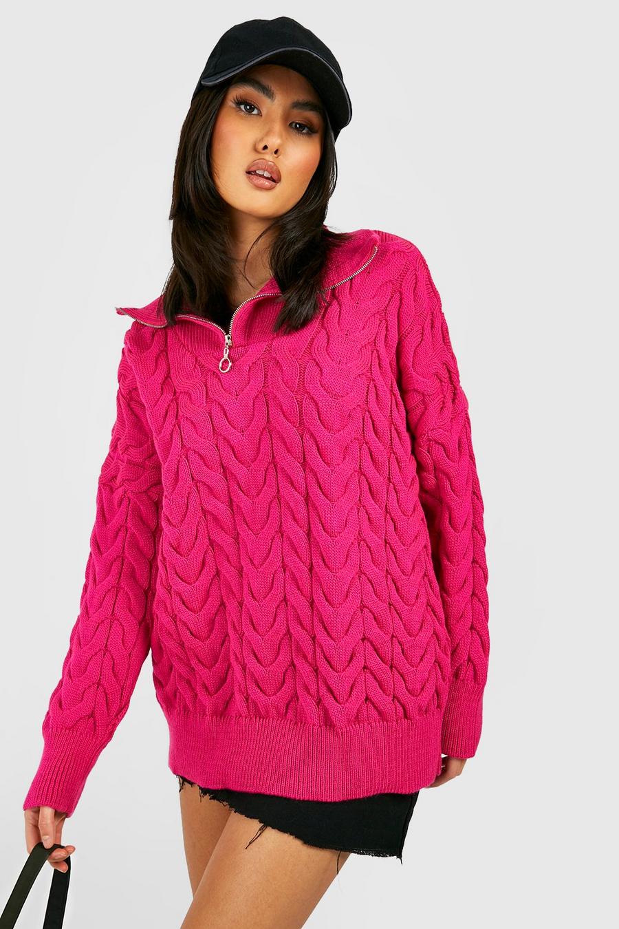 Pink Cable Detail Half Zip Knitted Jumper image number 1
