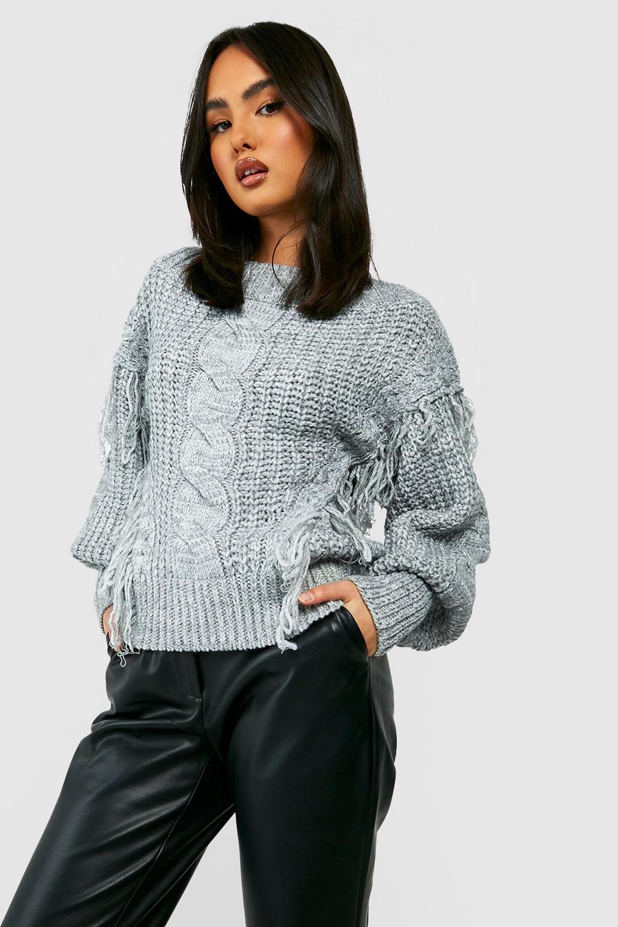 Grey Tassel Detail Cable Front Knitted Jumper image number 1