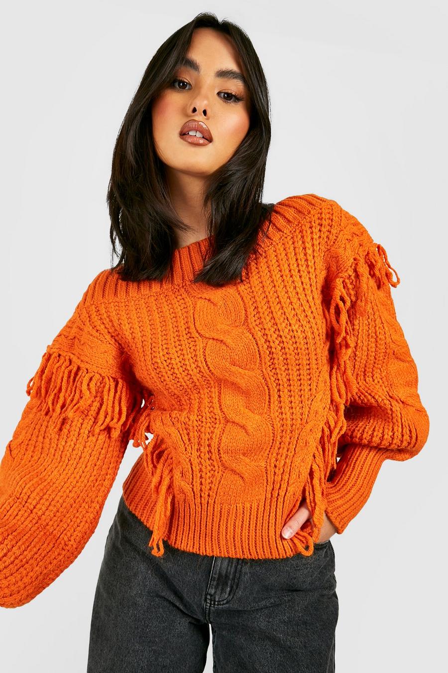 Rust Tassel Detail Cable Front Knitted Jumper image number 1