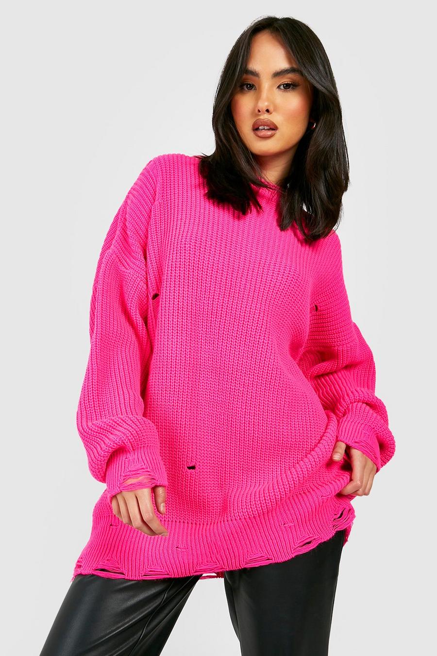 Pink Oversized Distressed Knitted Jumper image number 1