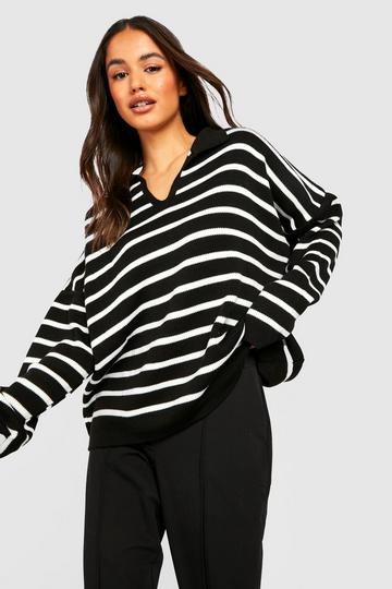 Stripe Polo Collar Knitted Sweater black