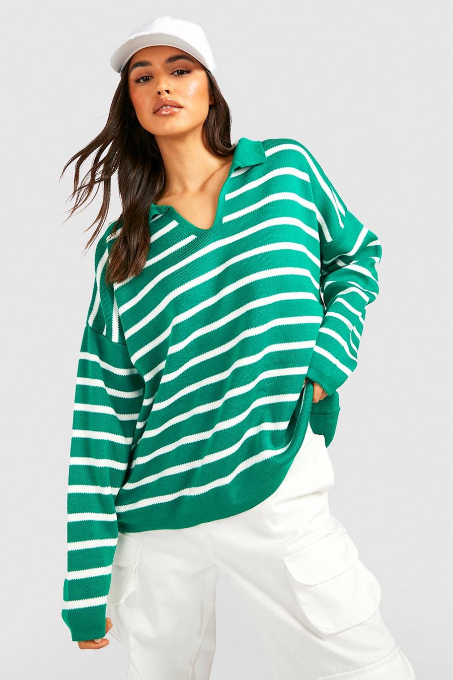 Green Stripe Polo Collar Knitted Jumper image number 1