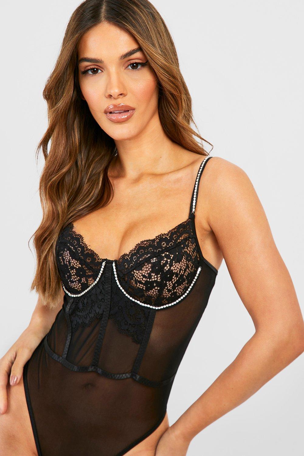 Just Like That Black Diamante Embellished Mesh Bodysuit