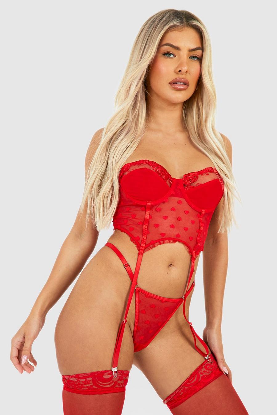 Red Heart Embroidery Corset & Thong Set image number 1
