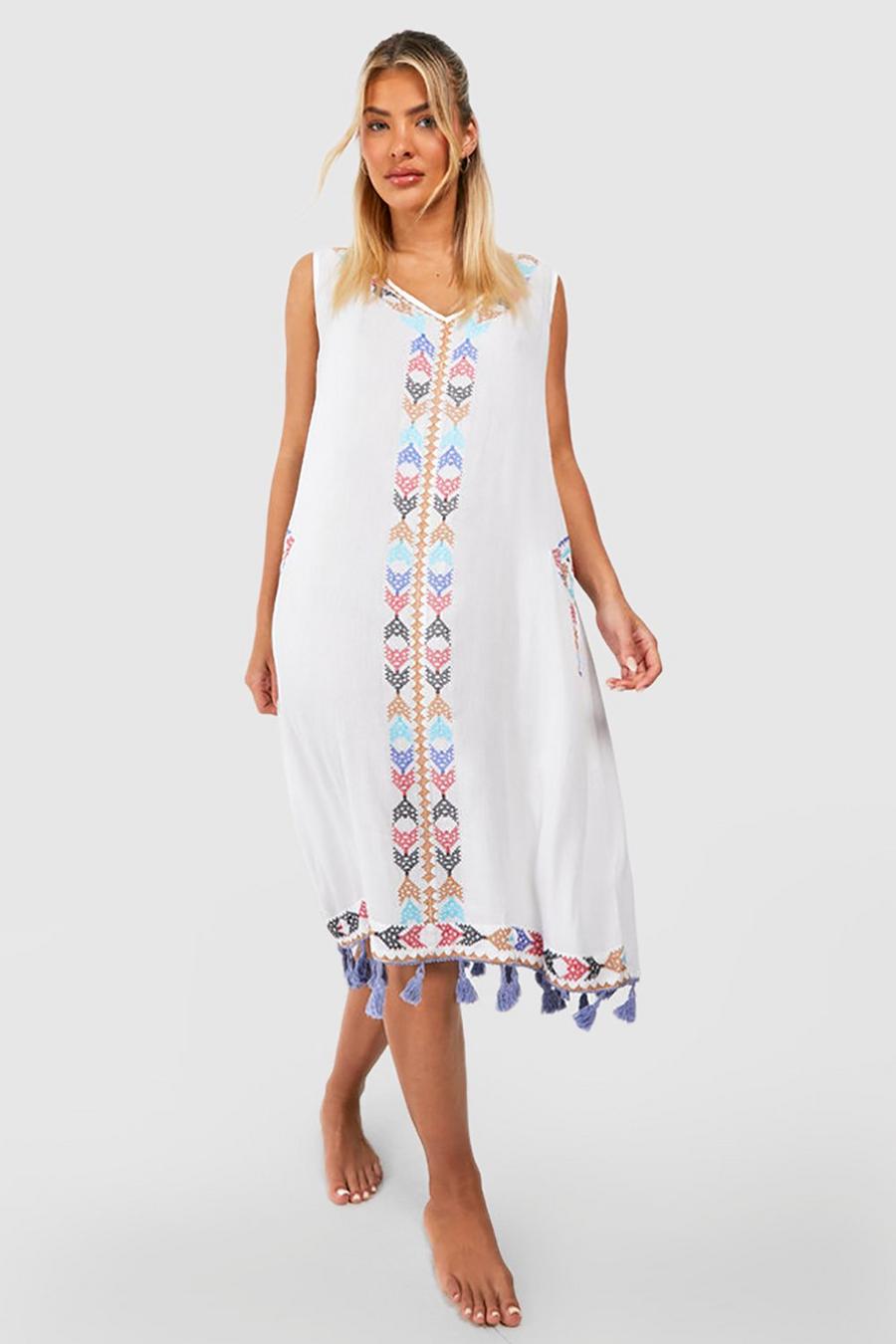 White Embroidered Tassel Beach Midi Dress image number 1
