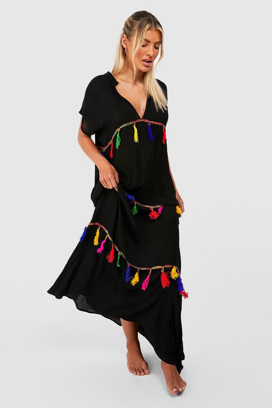 Cheesecloth Tassels Maxi Beach Dress, Black