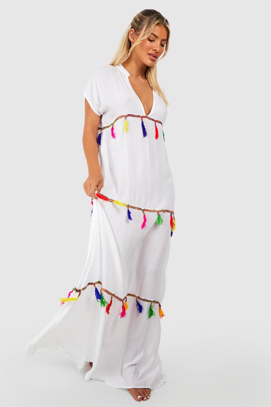 White Cheesecloth Tassels Maxi Beach Dress image number 1