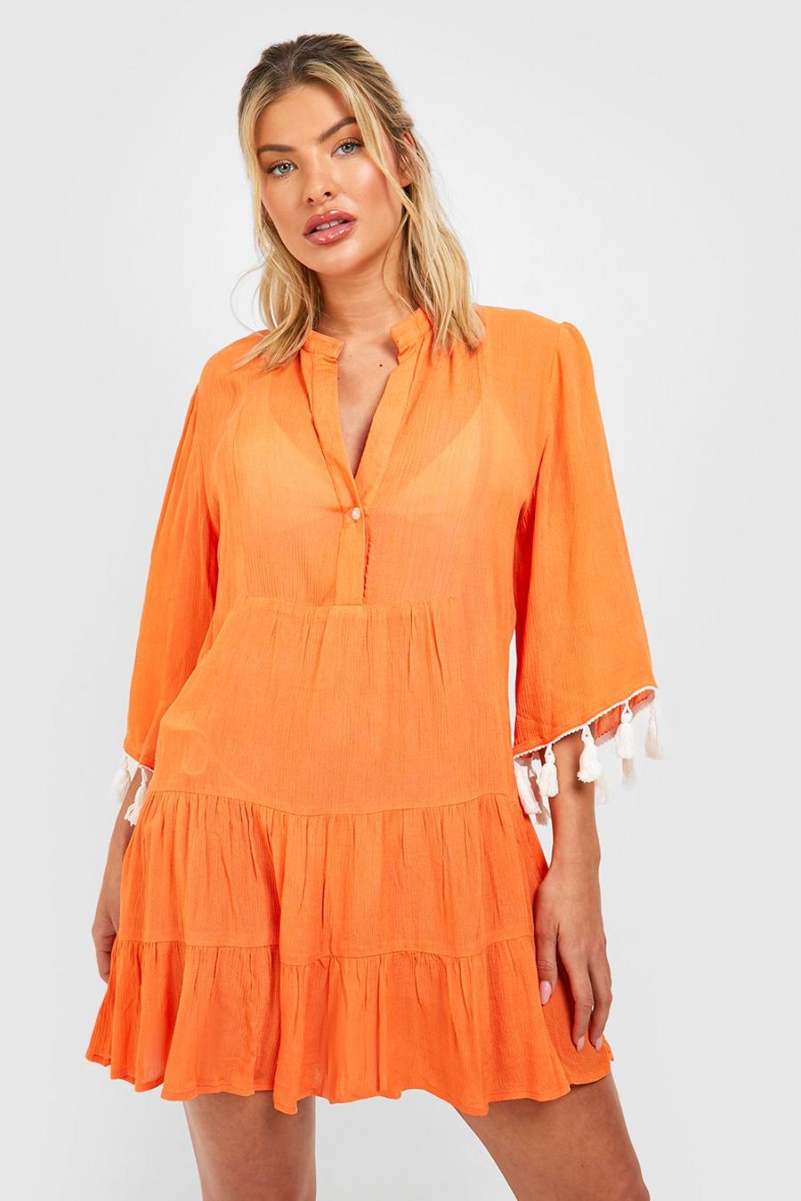 Orange Cheesecloth Tassels Kaftan Beach Dress image number 1