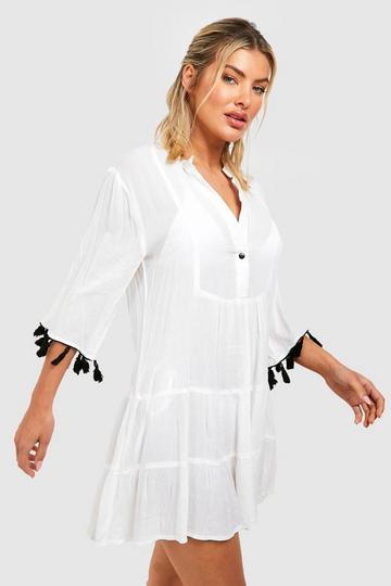 Kaasdoek Kaftan Strand Jurk Met Kwastjes white