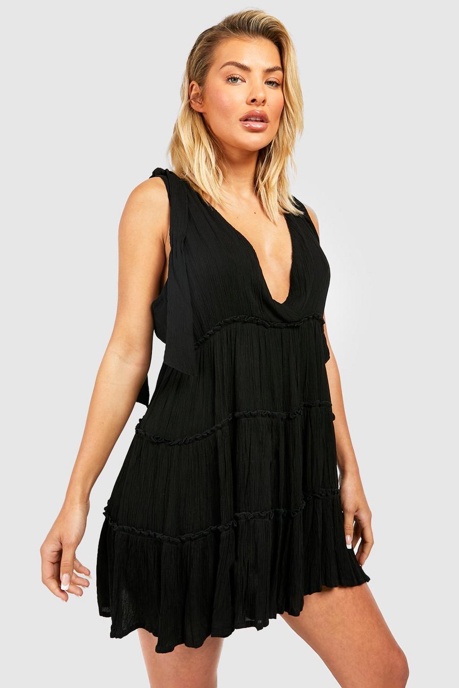 Black Cheesecloth Tie Shoulder Beach Dress image number 1