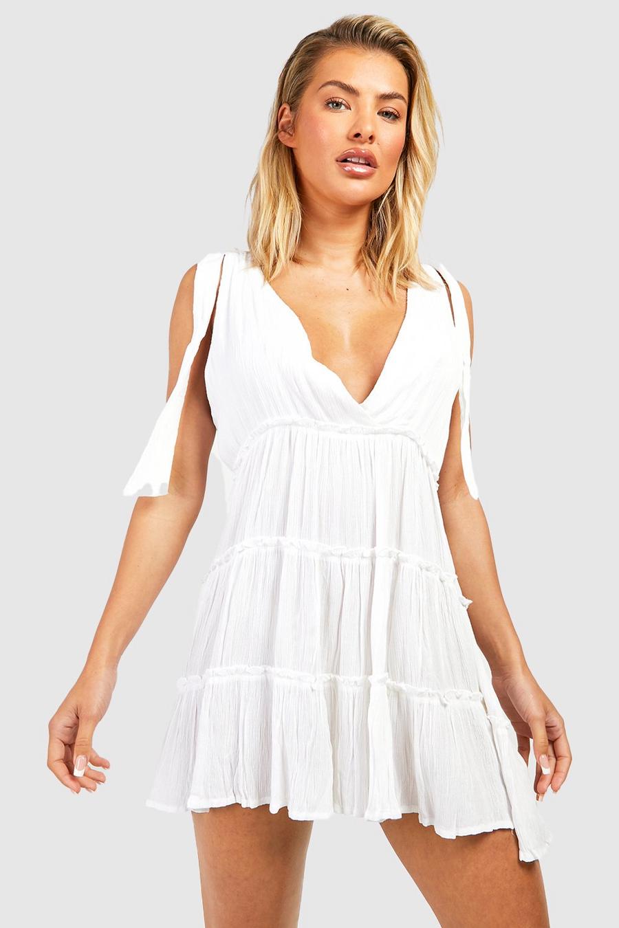 White Cheesecloth Tie Shoulder Beach Dress image number 1