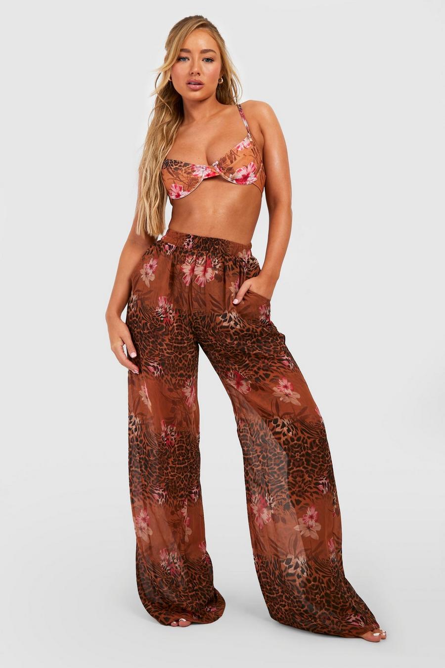 Brown Tropical Leopard Printed Chiffon Beach Pants image number 1