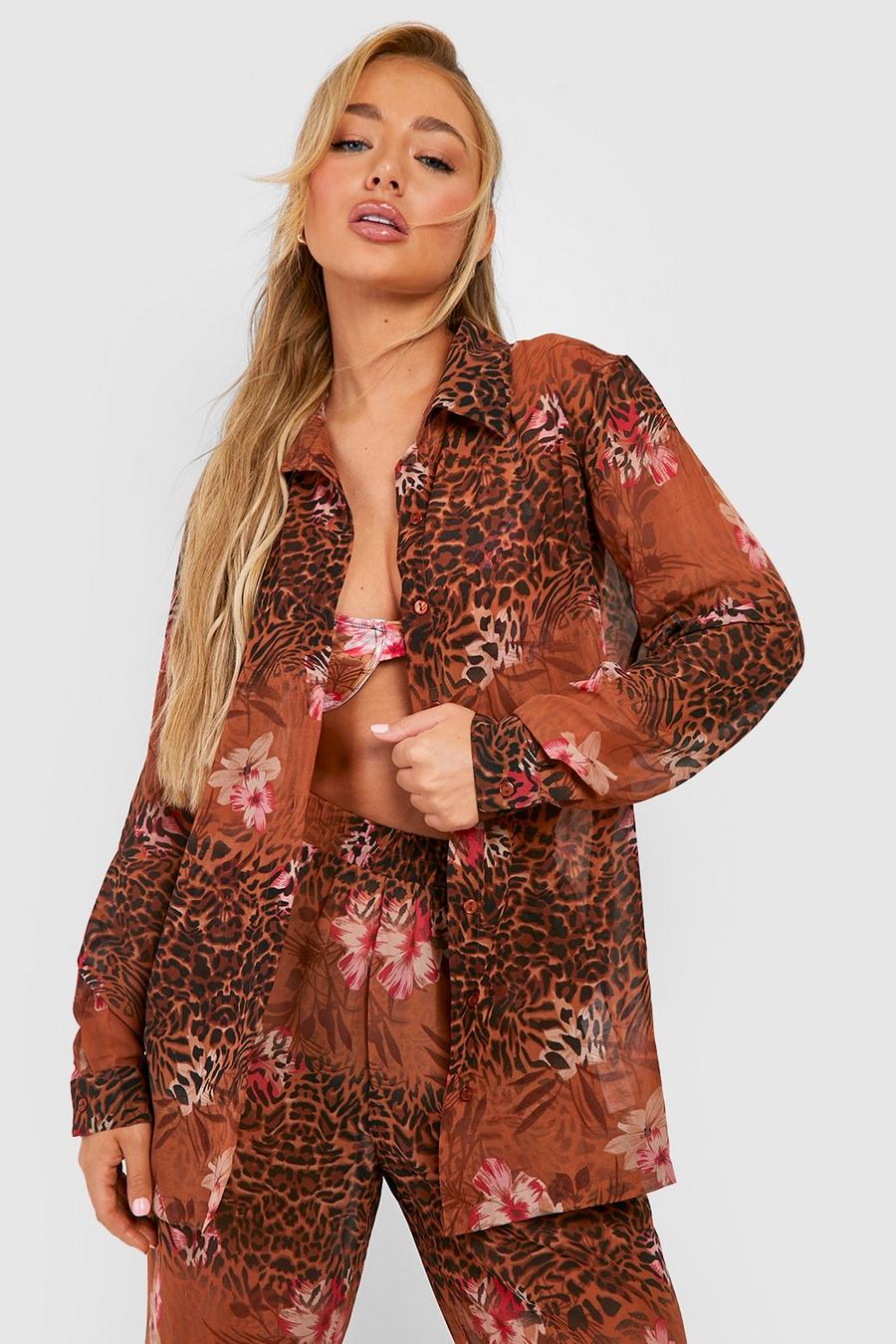 Brown Tropical Leopard Printed Chiffon Beach Shirt