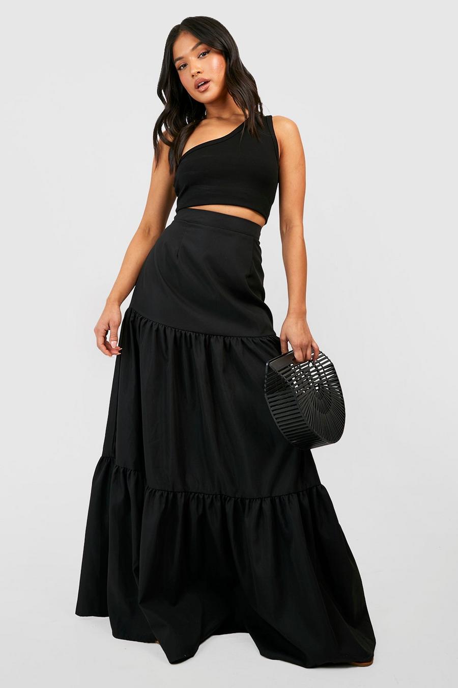 Black Woven Tiered Maxi Boho Skirt image number 1
