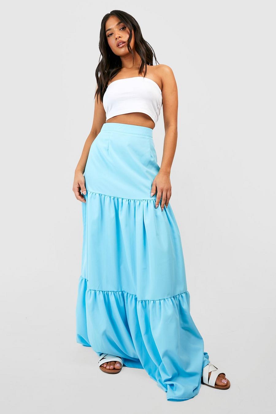Blue Woven Tiered Maxi Boho Skirt image number 1