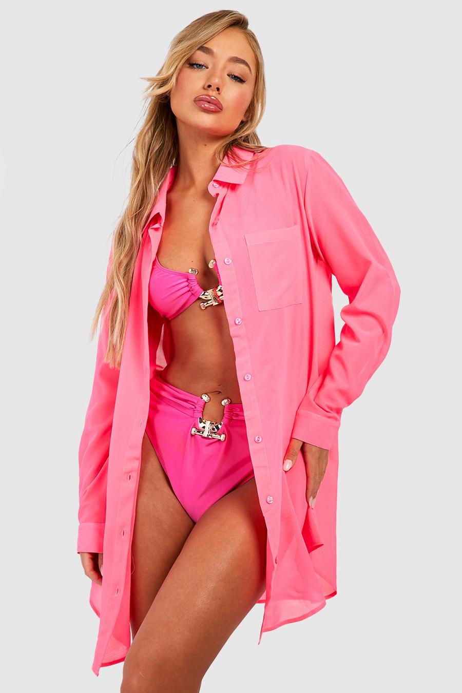 Camisa para la playa de corte largo y chifón, Bright pink image number 1