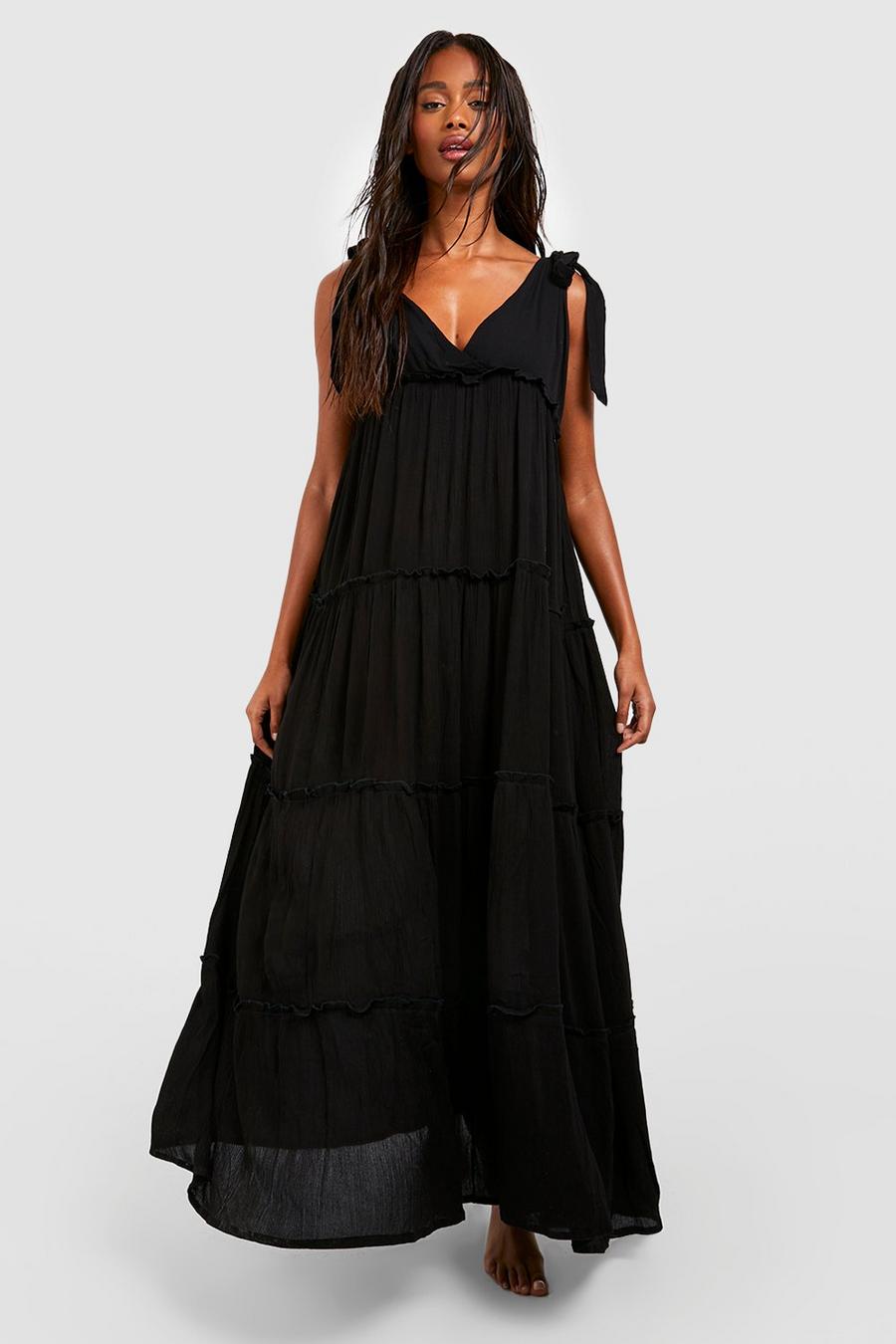Black Cheesecloth Tie Shoulder Maxi Beach Dress image number 1