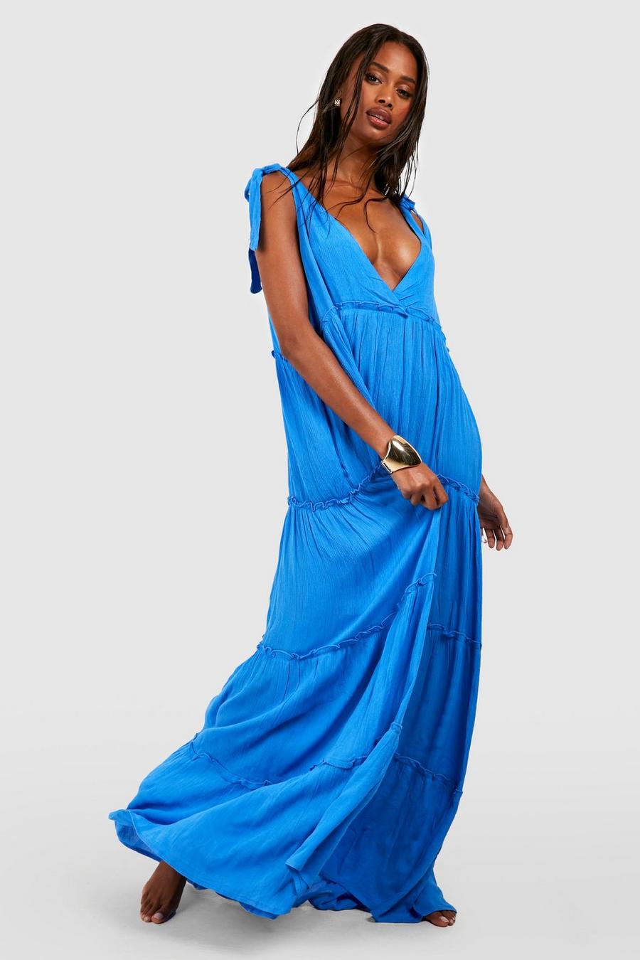 Blue Cheesecloth Tie Shoulder Maxi Beach Dress image number 1