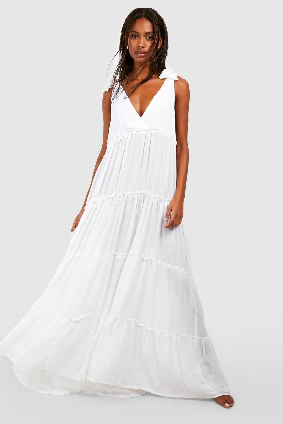 White Cheesecloth Tie Shoulder Maxi Beach Dress image number 1