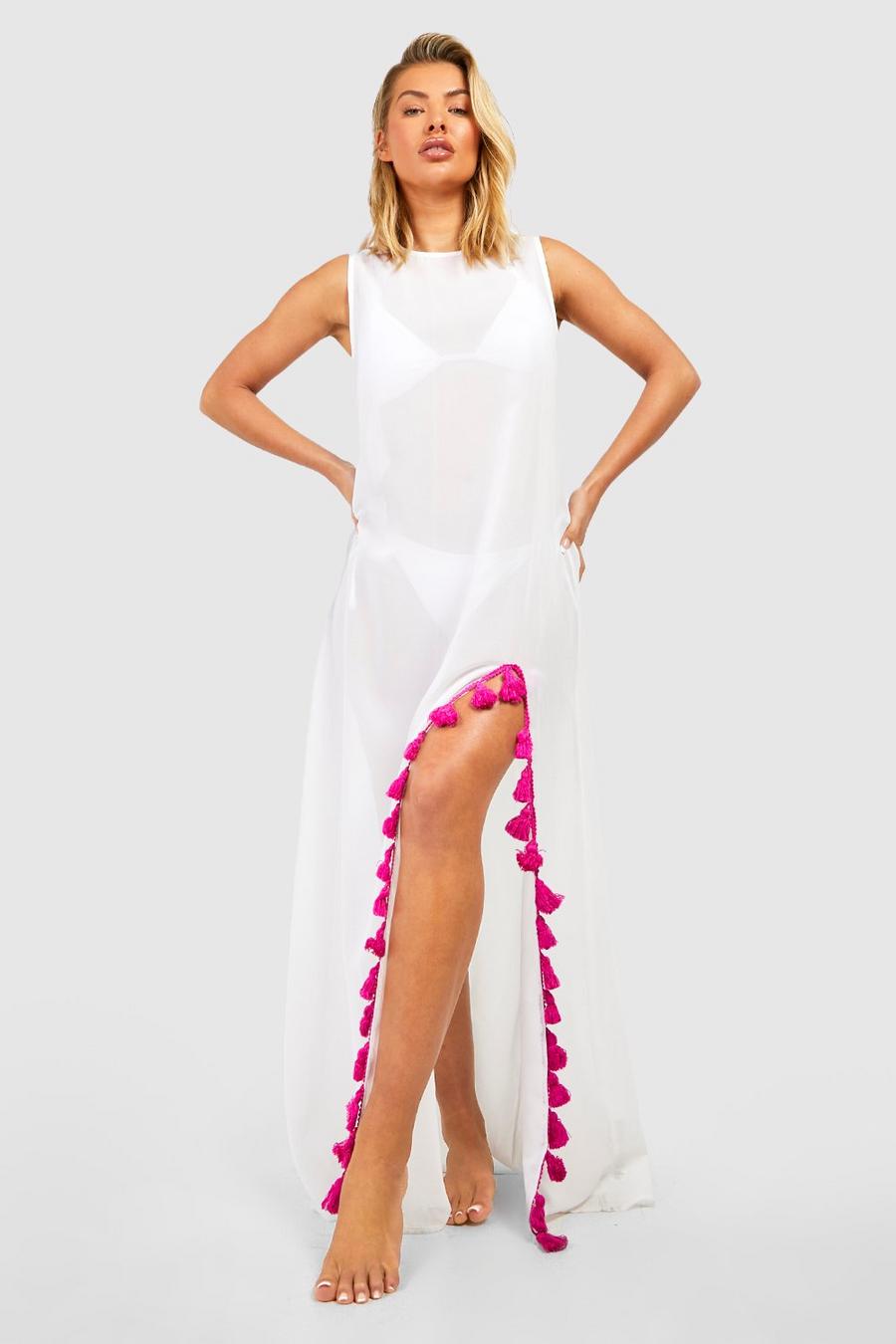 White Tassel Slit Maxi Beach Dress image number 1