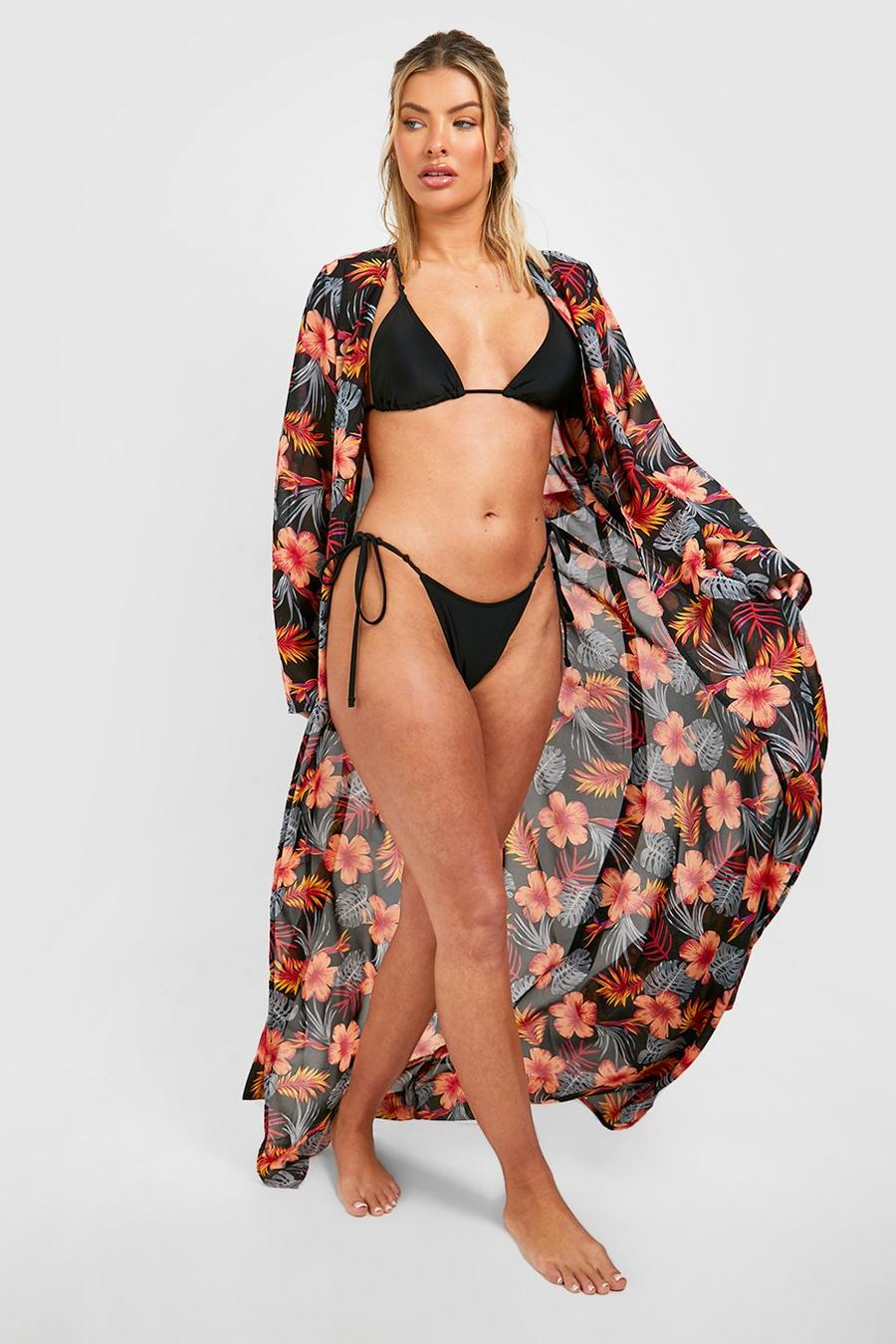 Black Tropical Belted Maxi Beach Kimono image number 1