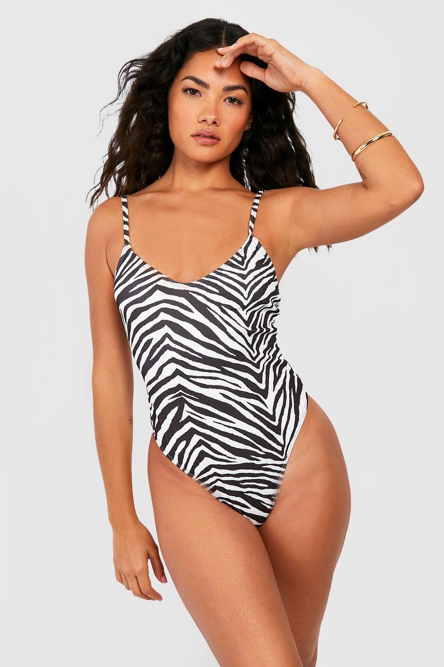 Black Zebra Textured Rib Scoop Swimsuit image number 1