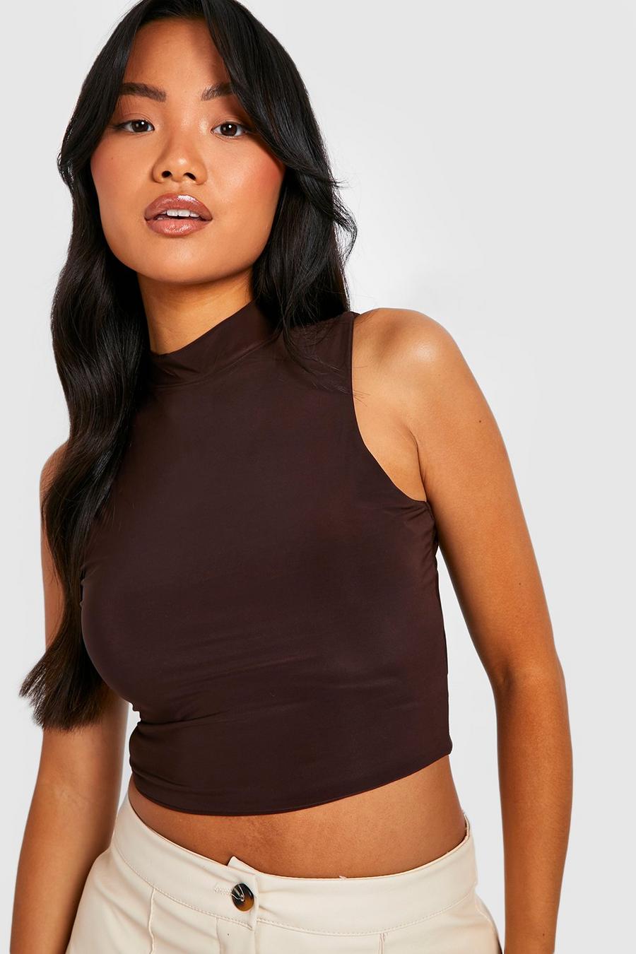 Chocolate brown Petite Double Layer Slinky High Neck Crop Top