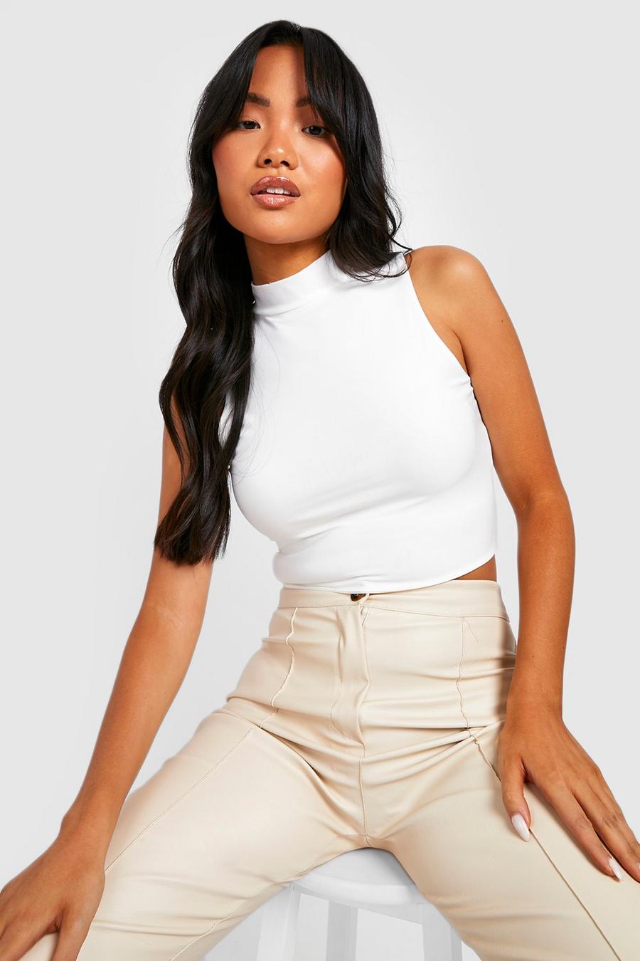 White Petite Double Layer Slinky High Neck Crop Top image number 1