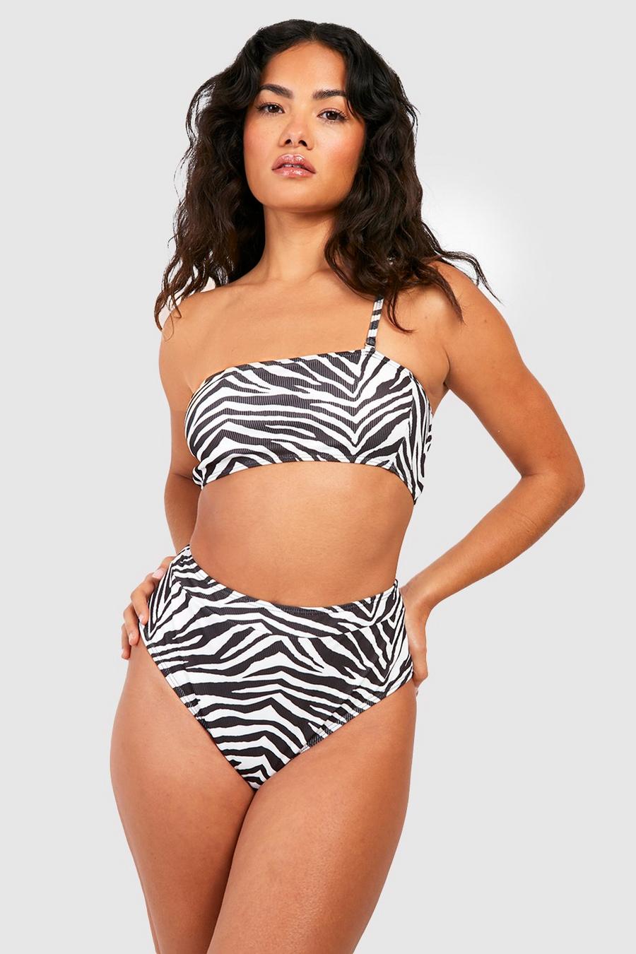 Strukturierte gerippte Zebraprint Bikinihose mit hohem Bund, Black image number 1