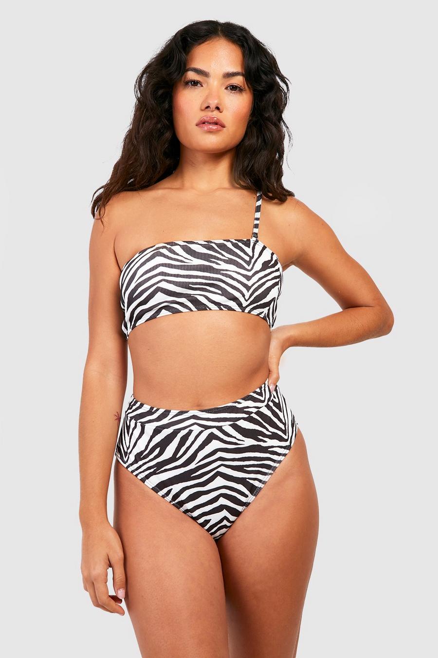 Black Zebra Textured Rib Bandeau Bikini Top