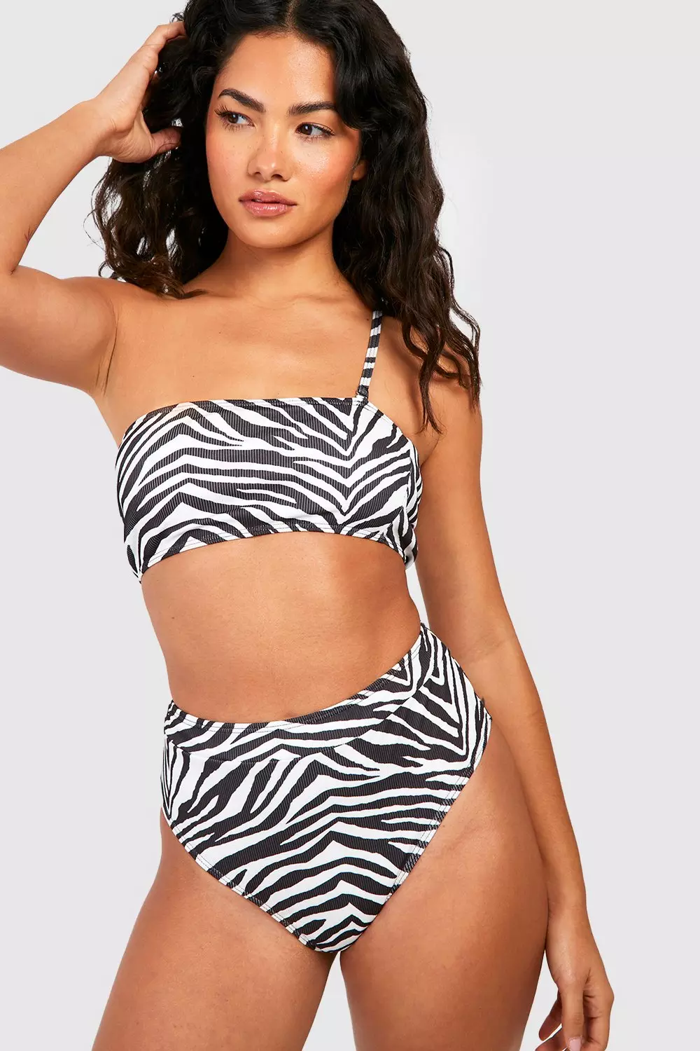 Black Zebra Textured Rib Bandeau Bikini Top alternative image