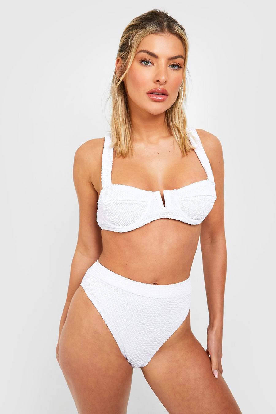 White Crinkle Underwired V Detail Bikini Top