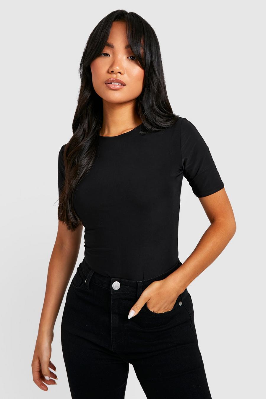Black Petite Double Layer Slinky Short Sleeve Top  image number 1