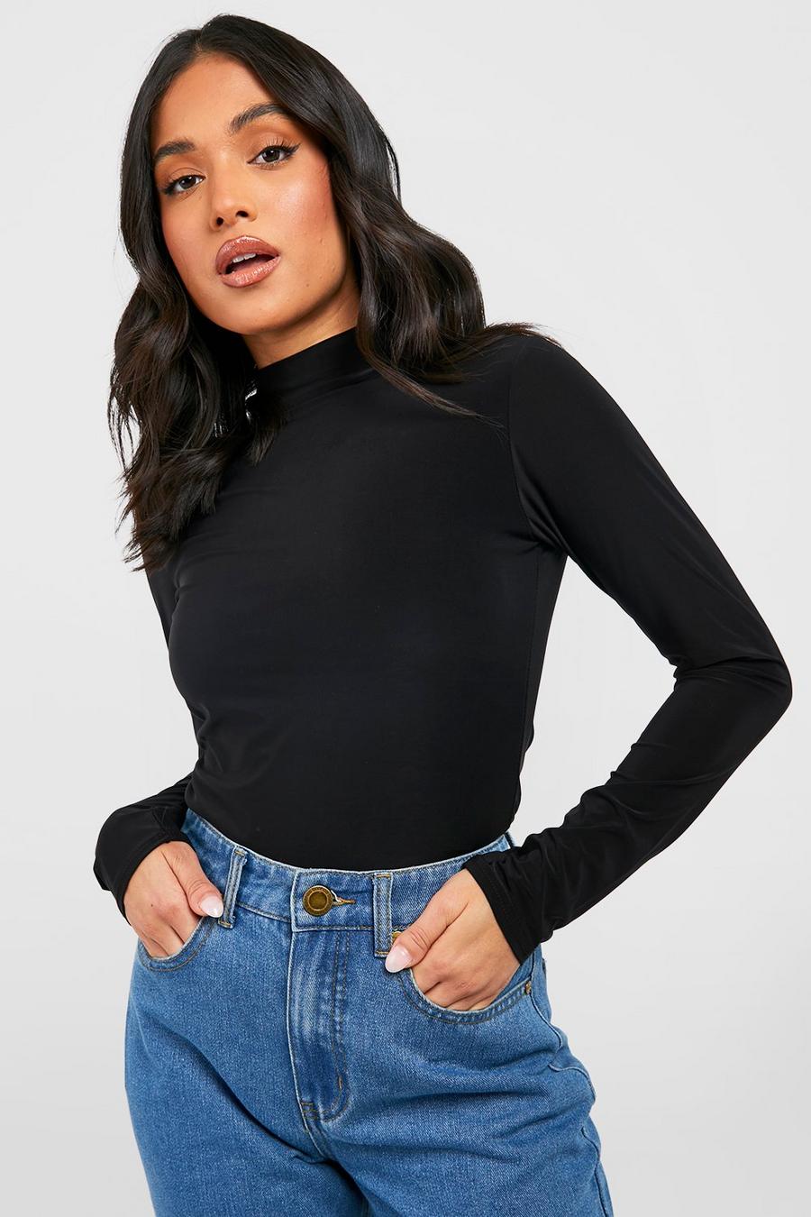 Black Petite Double Layer Slinky High Neck Top image number 1